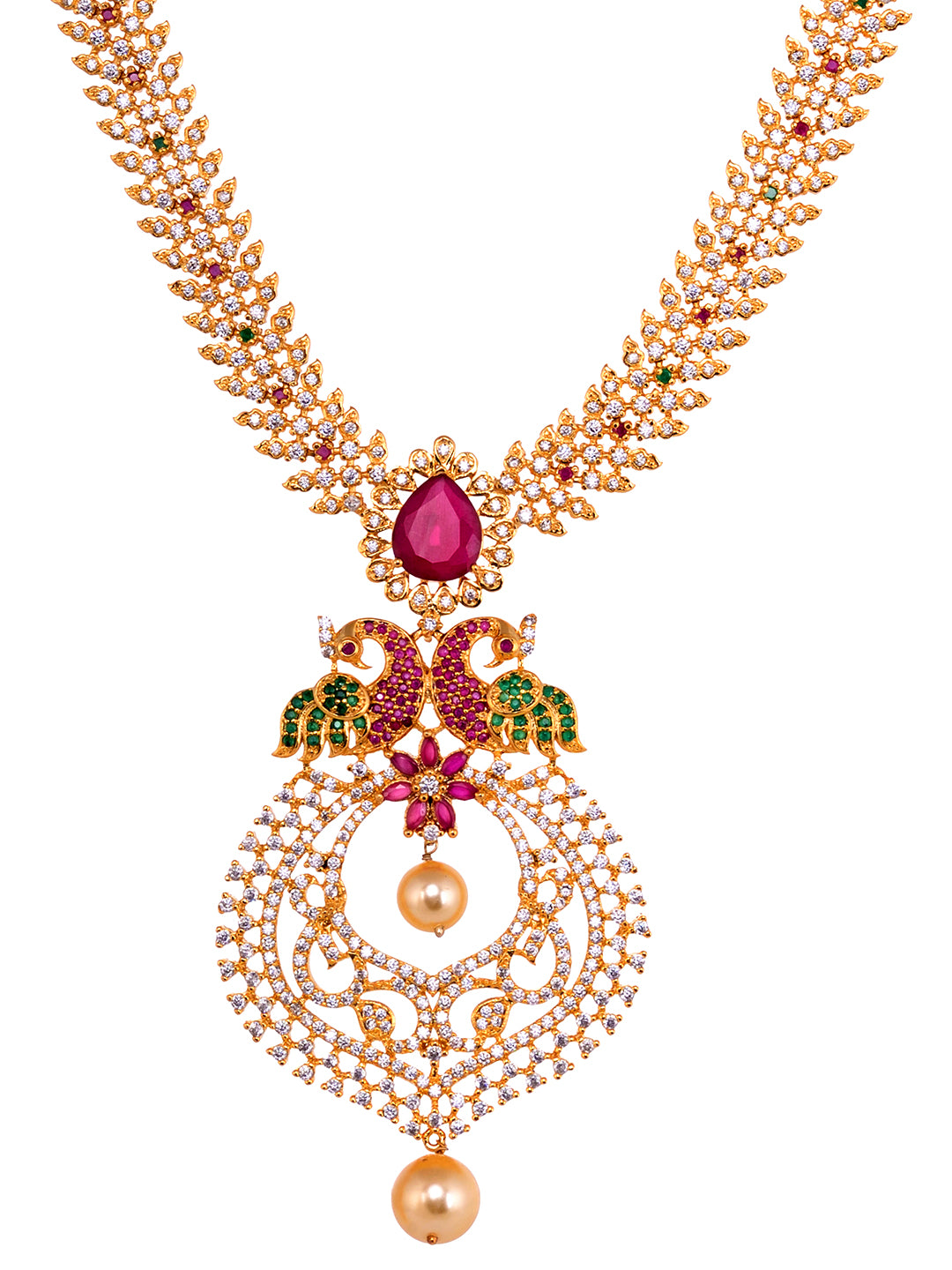 Gold Plated Big pendant style Multi AD studded Peacock design Necklace Earrings Set