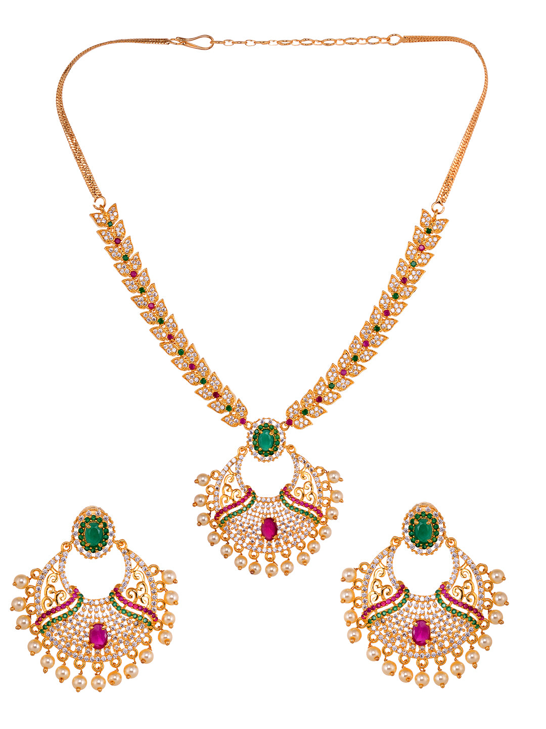 Gold Plated Multi AD & Pearl studded traditional Pandant Earrings Set