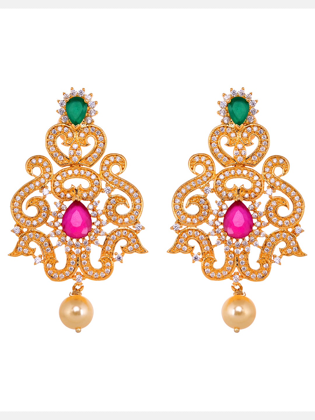 Gold Plated Multi AD Studded Hand Crafted Traditional Pendant Necklace Earrings Set