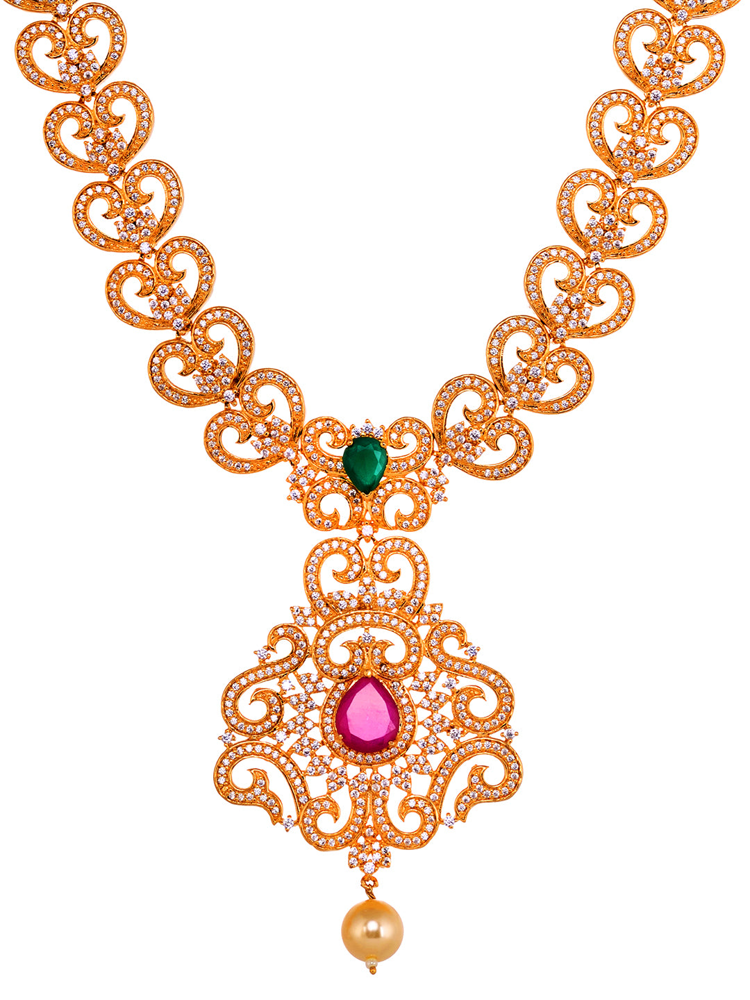 Gold Plated Multi AD Studded Hand Crafted Traditional Pendant Necklace Earrings Set