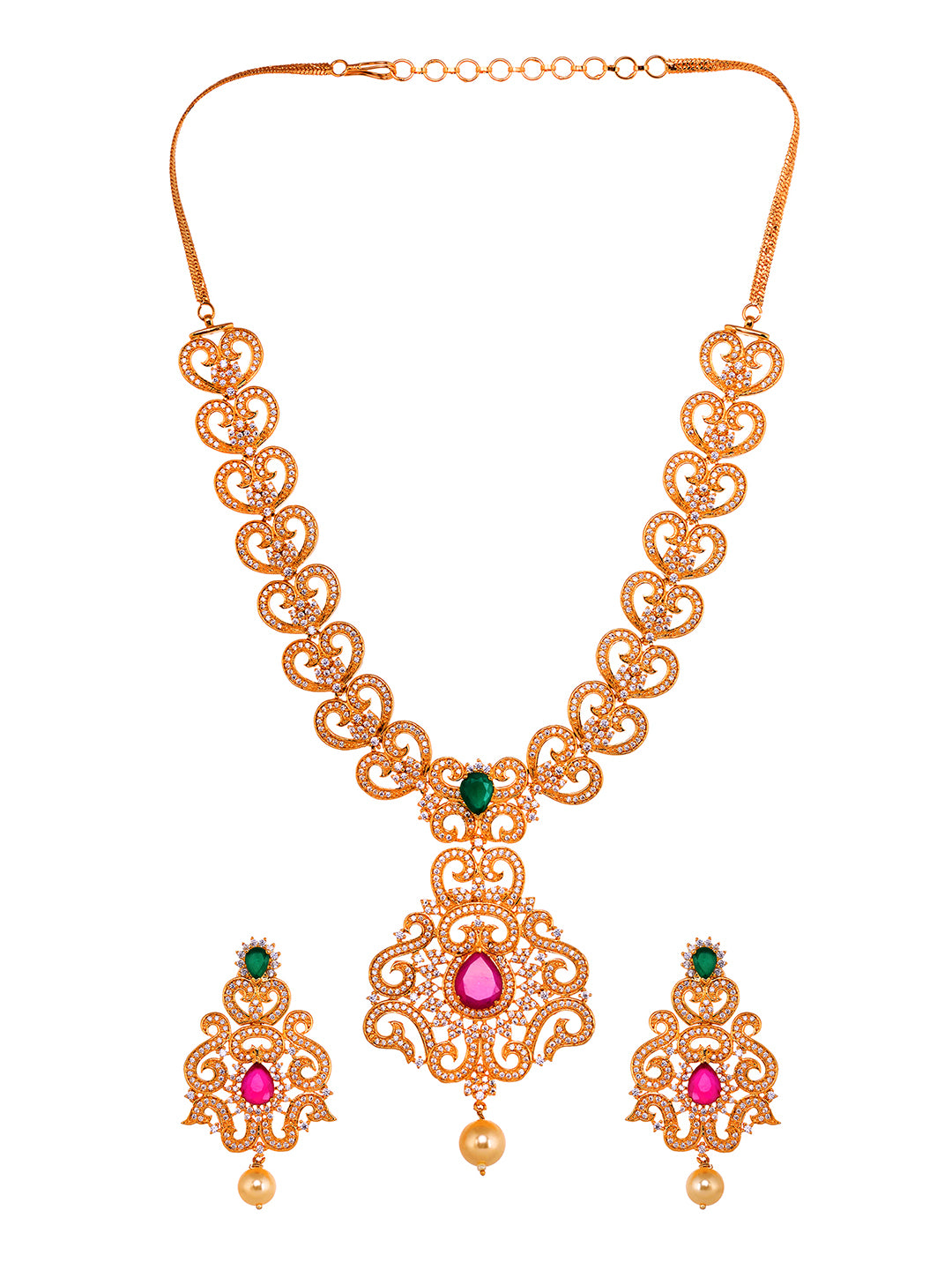 Gold Plated Multi AD Studded Hand Crafted Traditional Pendant Necklace Earrings Set