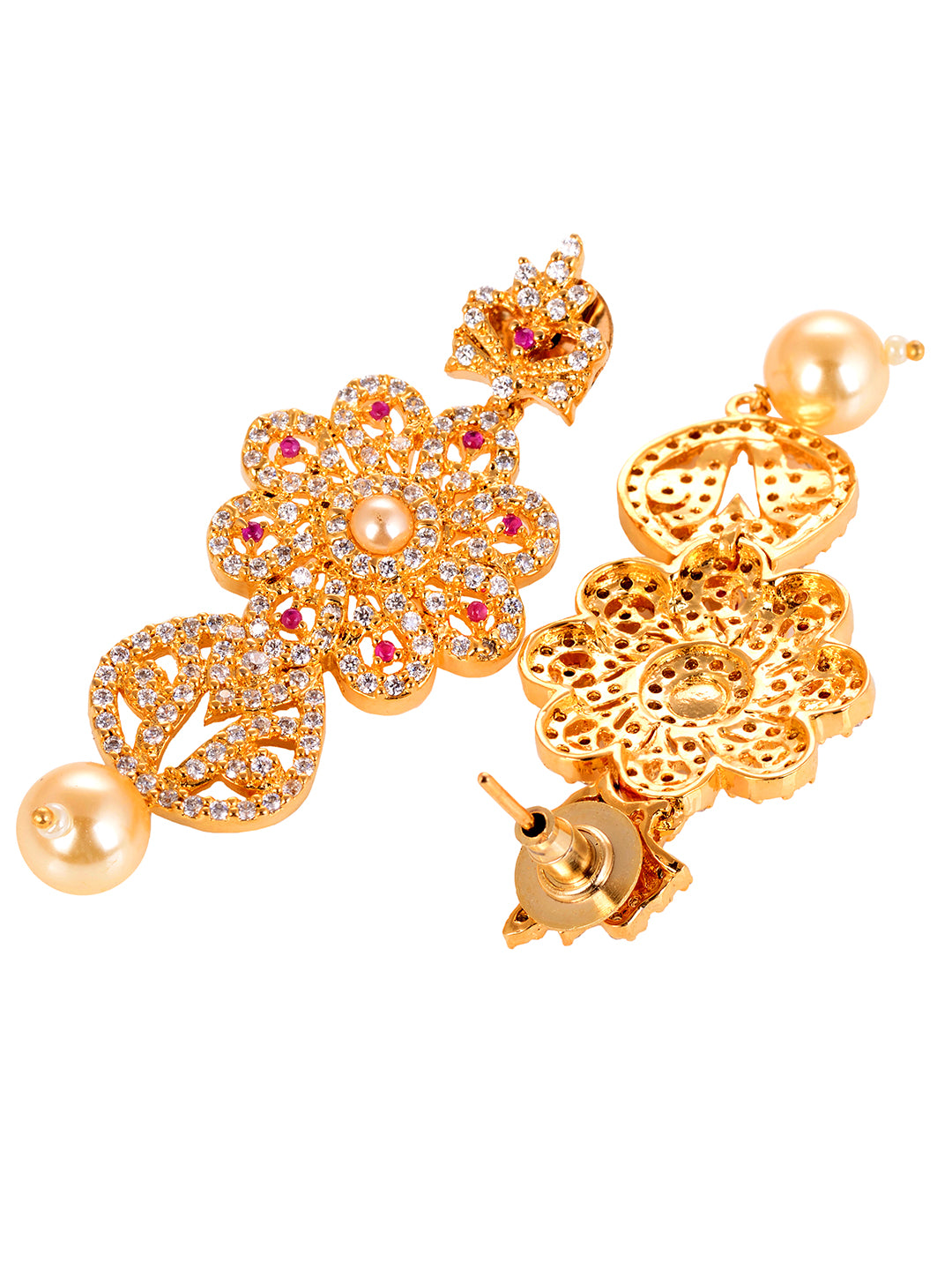 Gold Plated Red AD studded Floral Pendant Necklace Earrings Set