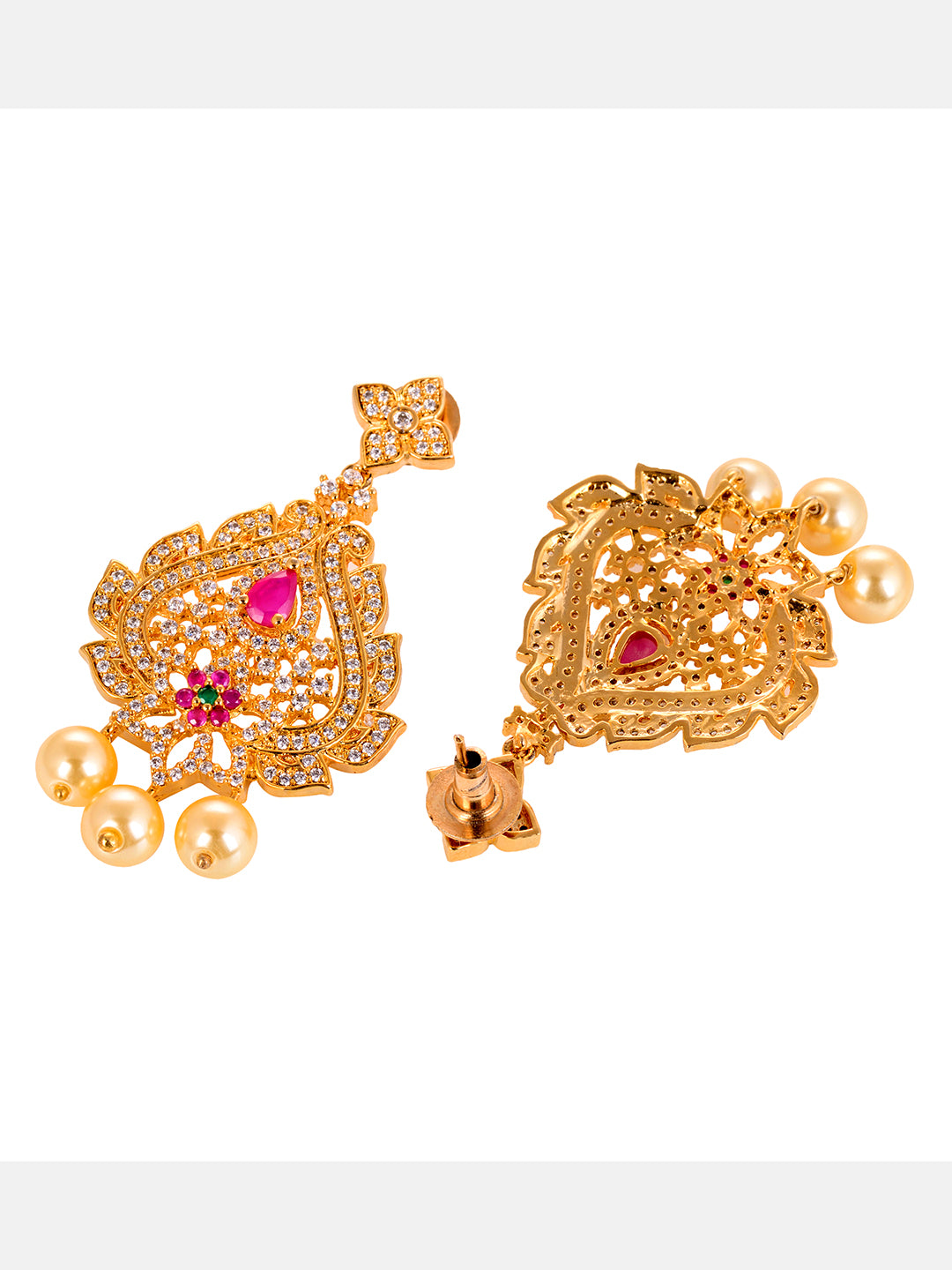 Gold Plated Red AD & Pearl studded Pendant Necklace and Earrings Set