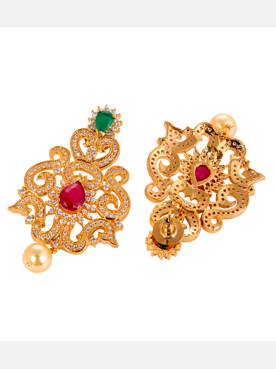 Gold Plated Multi AD Studded Hand Crafted Traditional Pendant Necklace Earrings Set