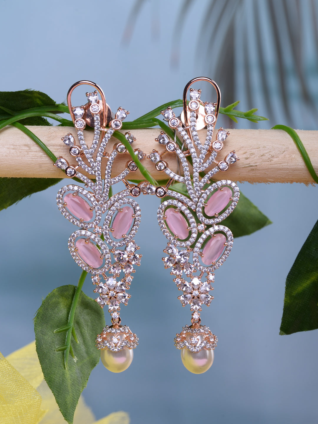 Rose Gold Plated Pink AD Studded Flowery Dropdown Earring