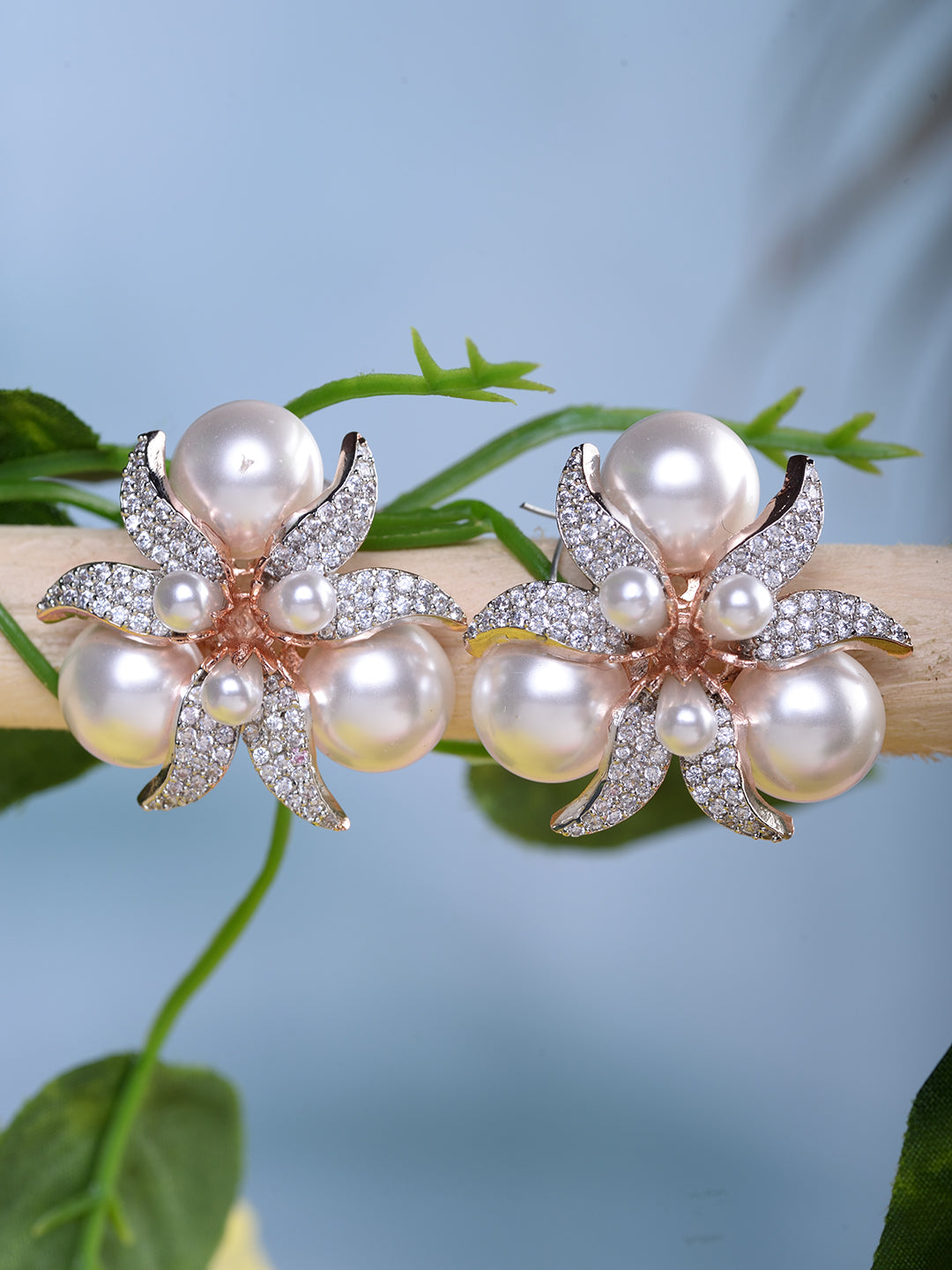 Rose Gold Plated White AD & Pearl Studded Big Studs Earrings