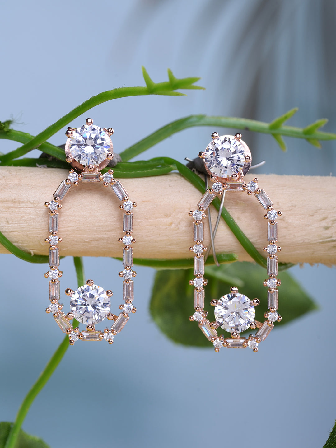 Rose Gold Plated White AD Studded Modern Dangler Earrings