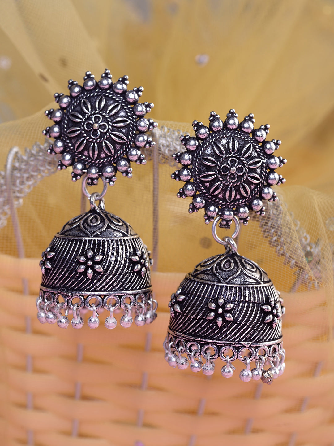 Silver Toned Oxidised Jhumka Earrings
