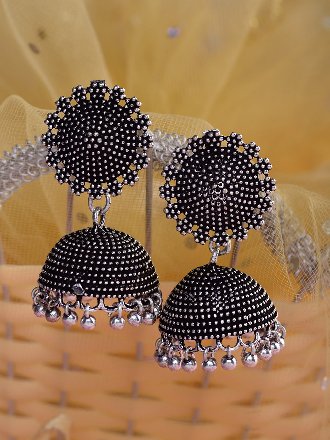 Silver Toned Oxidised Filigree Jhumka Earring