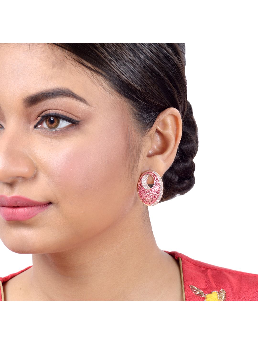 Oval Red Meenakari Small Earrings High Quality Enamelled Rose Gold Plated