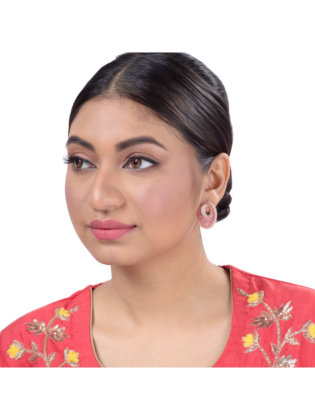 Oval Red Meenakari Small Earrings High Quality Enamelled Rose Gold Plated