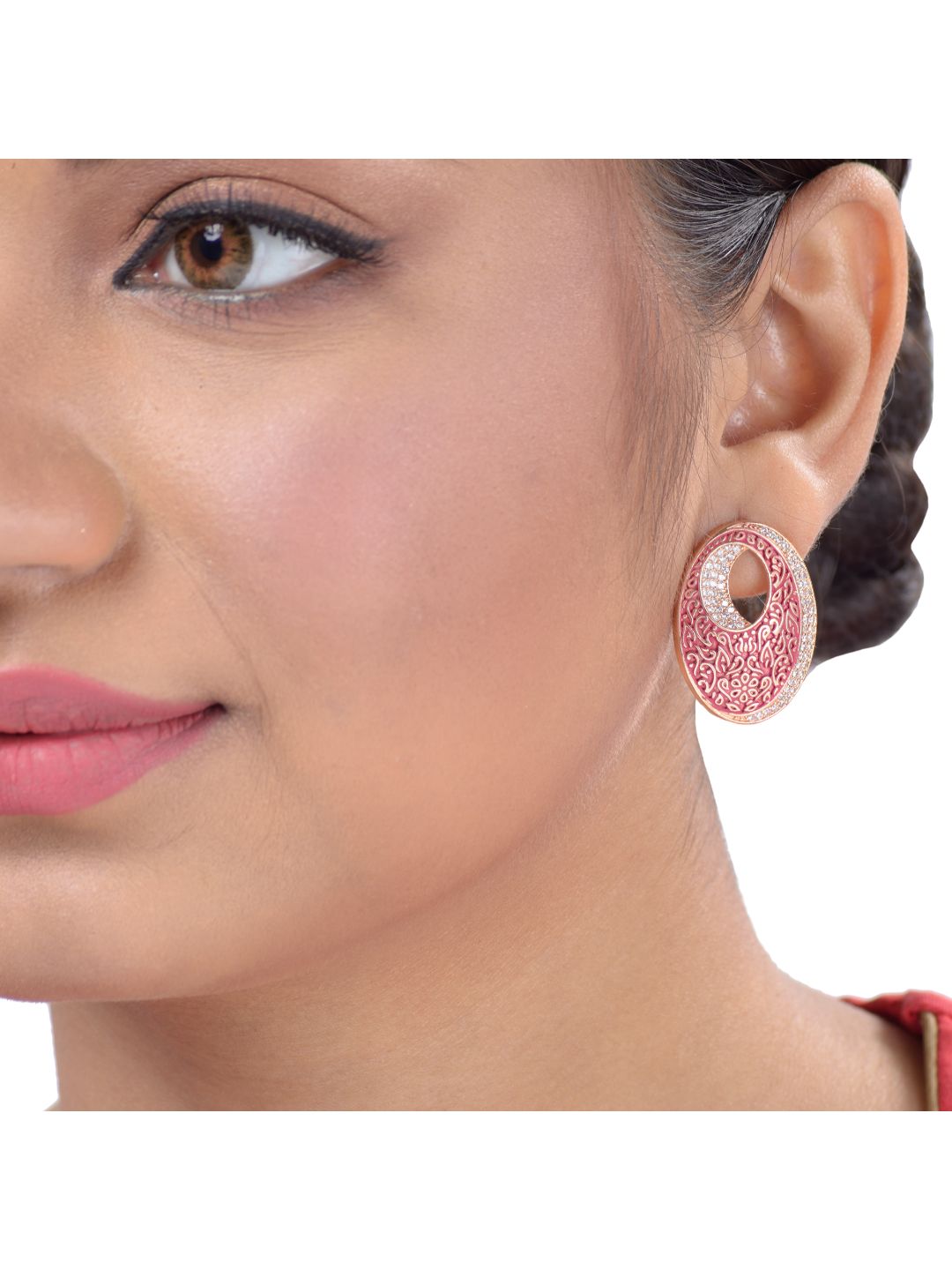 Oval Red Meenakari Small Earrings High Quality Enamelled Rose Gold Plated