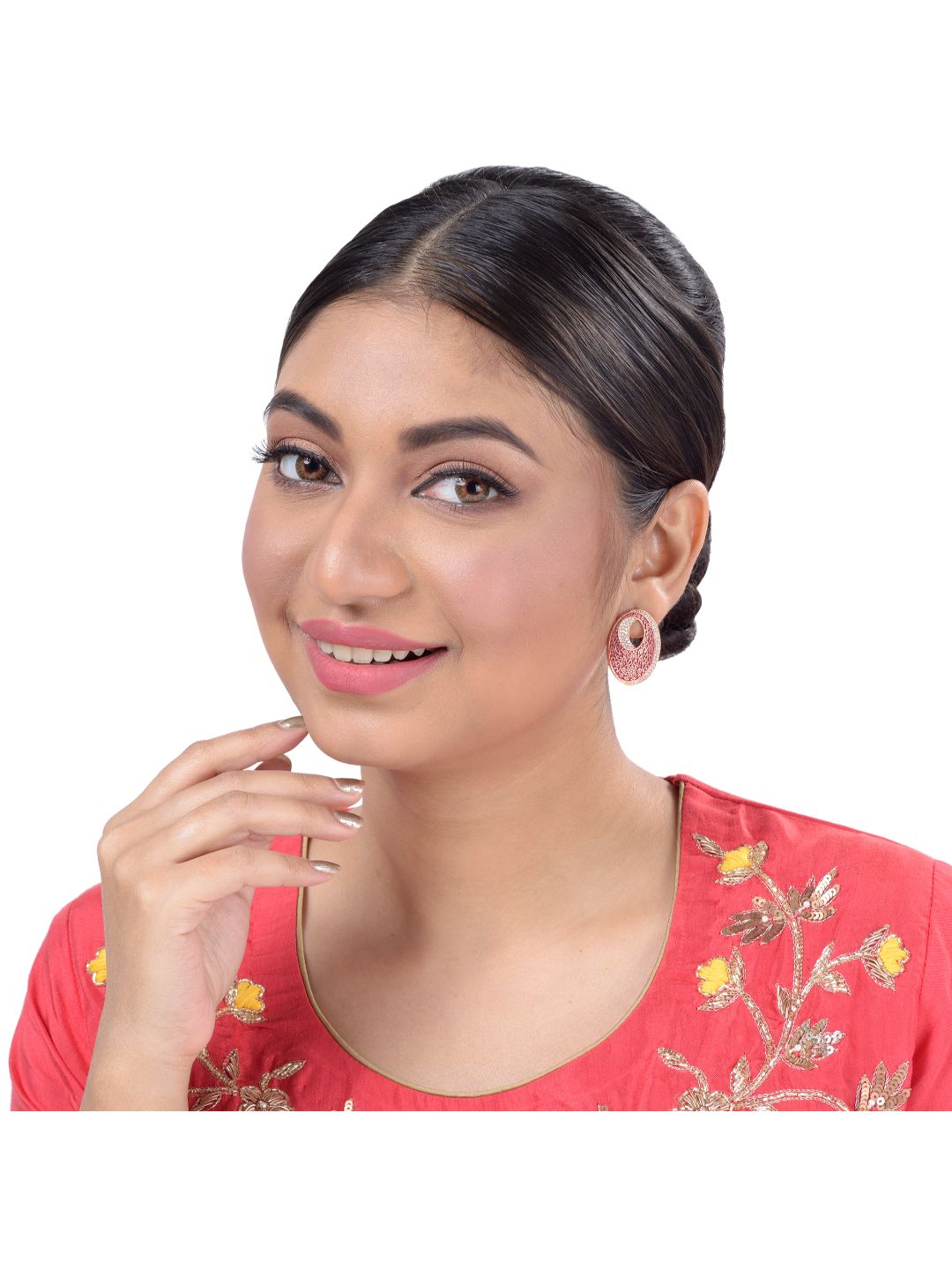 Oval Red Meenakari Small Earrings High Quality Enamelled Rose Gold Plated