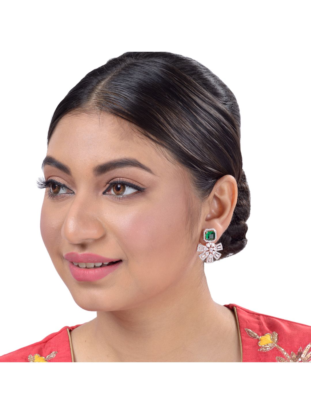 Exquisite Emerald Floral design green earrings Rose gold plated AD studded