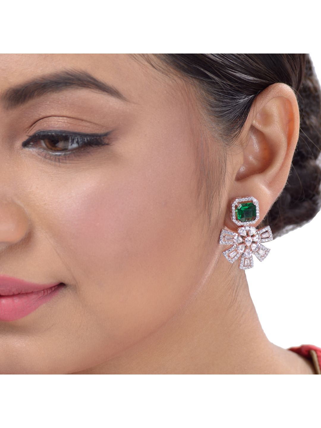 Exquisite Emerald Floral design green earrings Rose gold plated AD studded