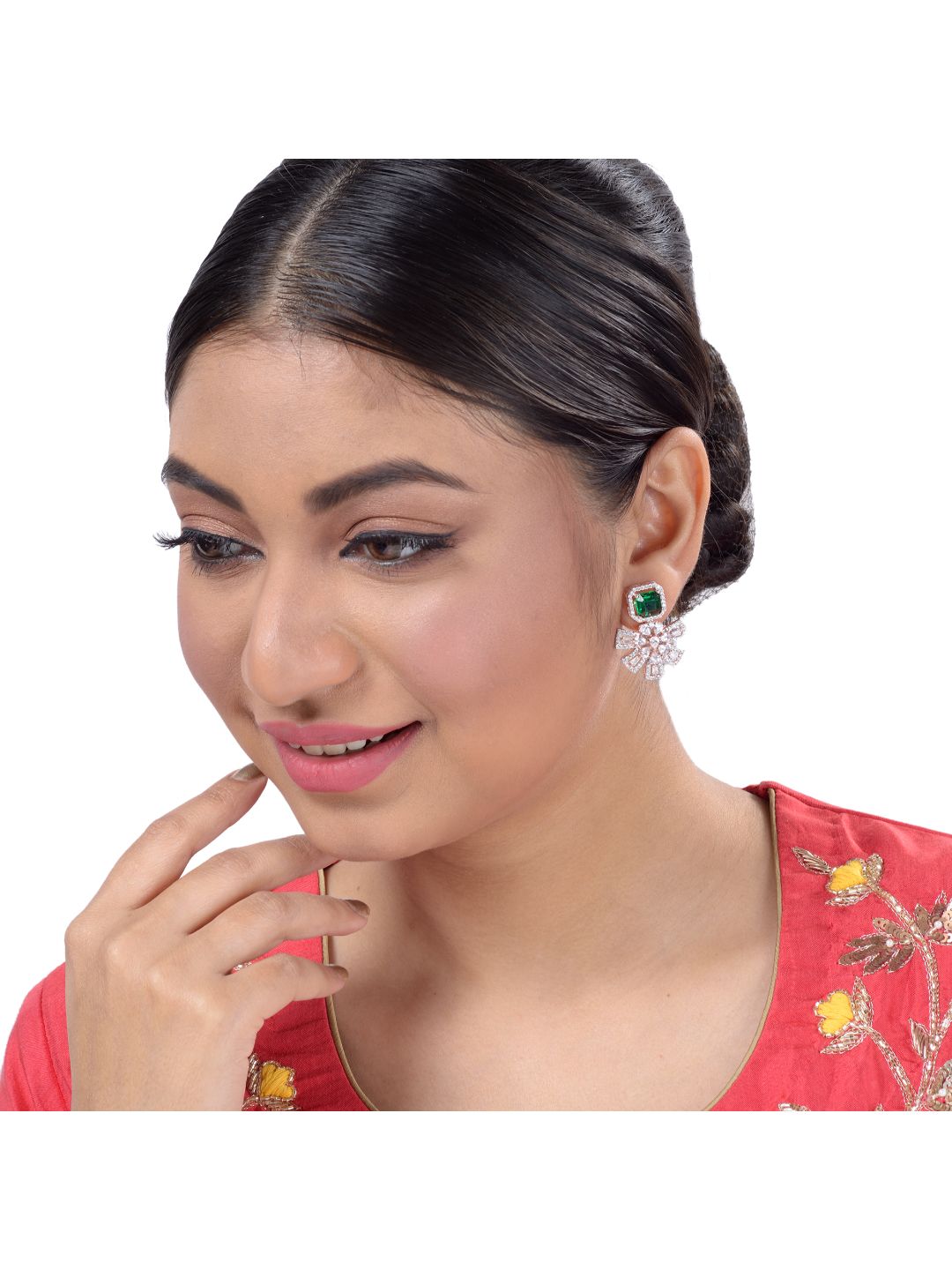 Exquisite Emerald Floral design green earrings Rose gold plated AD studded