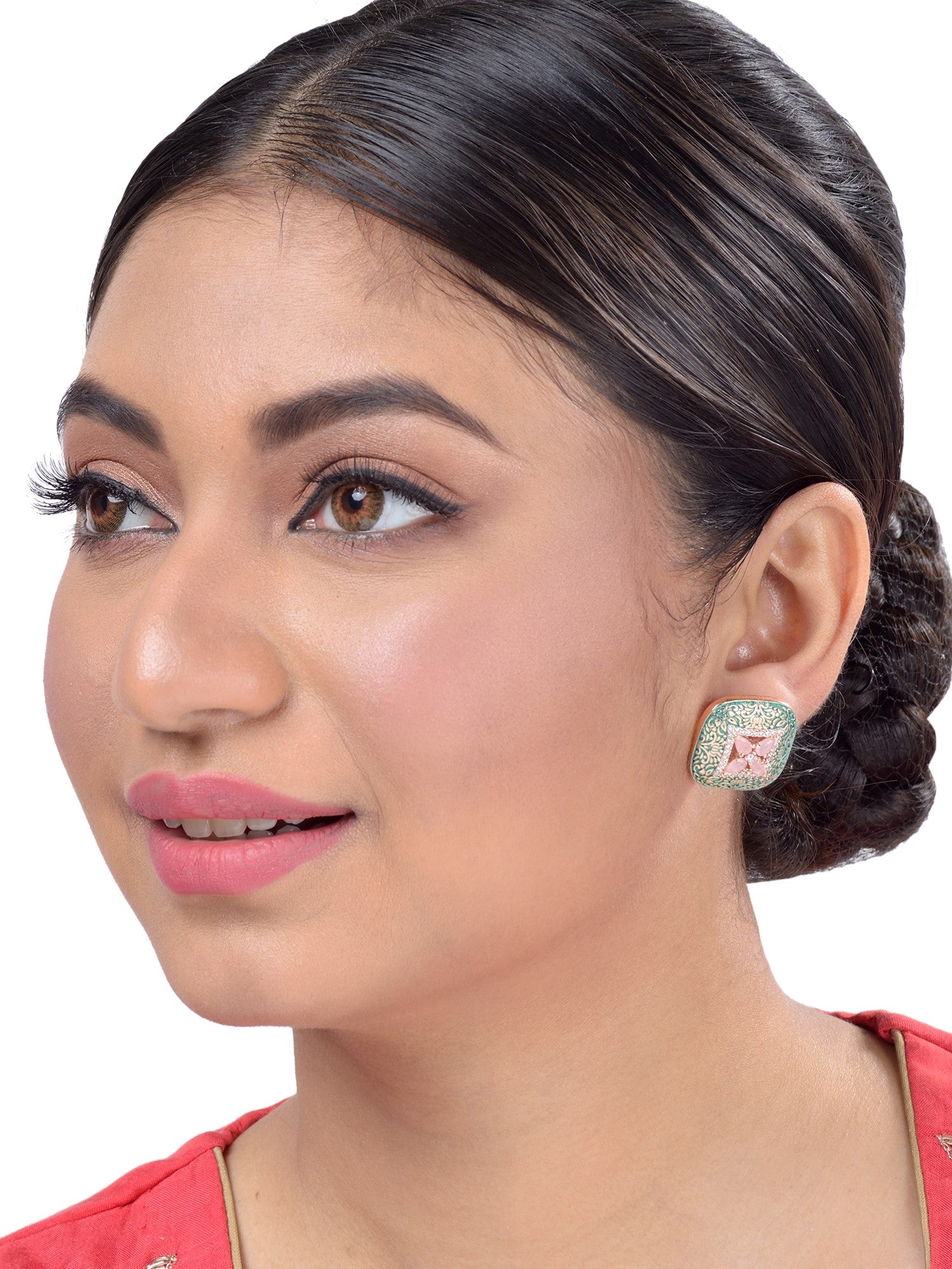 Teal Enamelled Studs Green Meenakari & Pastel Pink AD small earrings