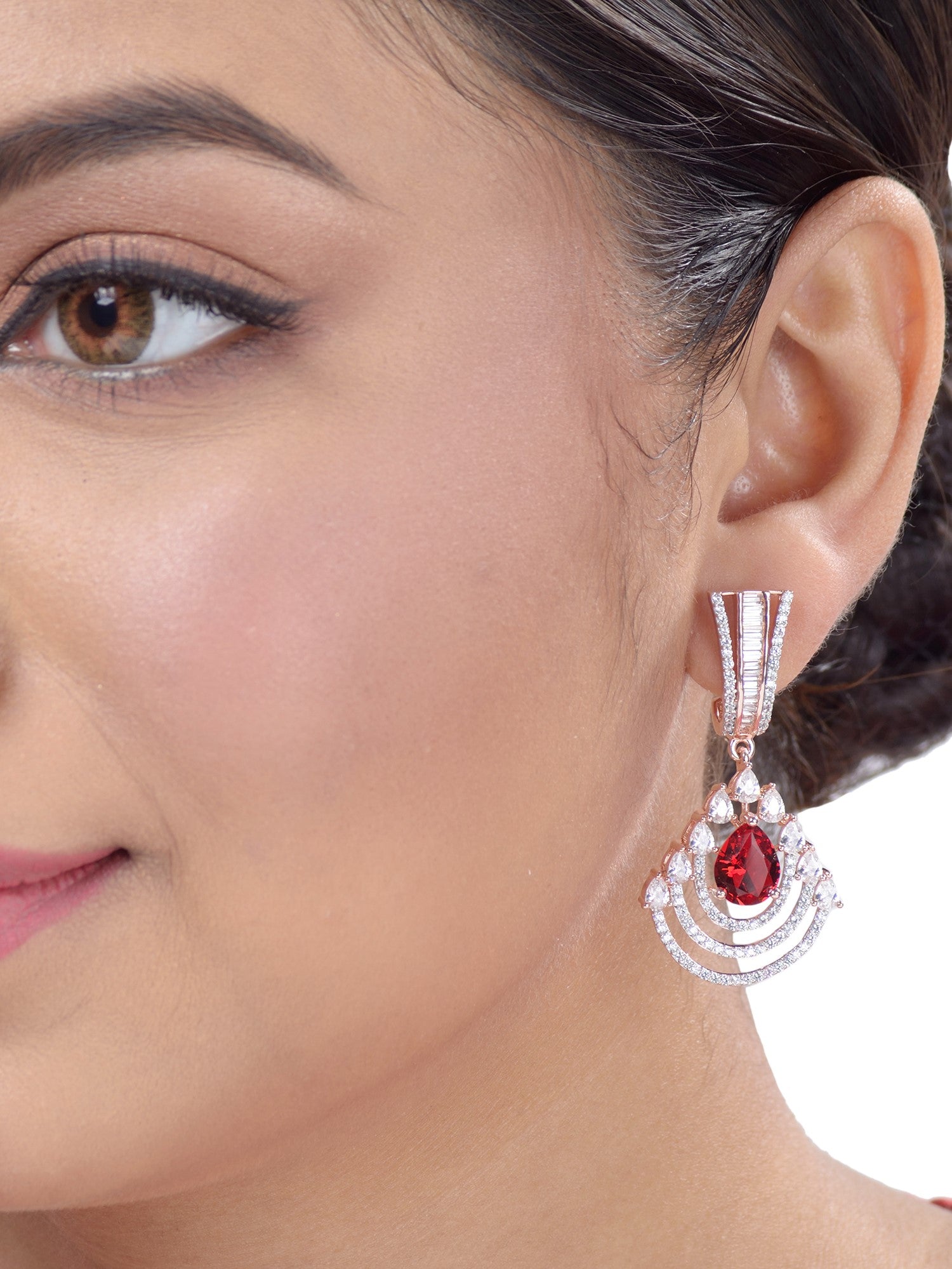 Modern Ruby danglers Red drop earrings AD studded Rose gold plated