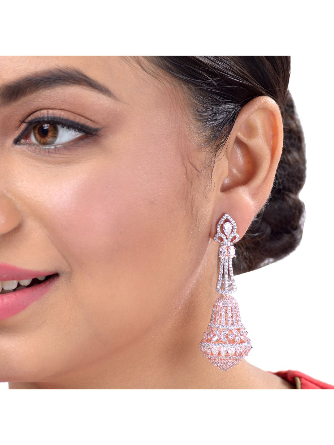 Rose Gold plated White AD studded handcrafted Bell shaped Jhumka for Women & Girls