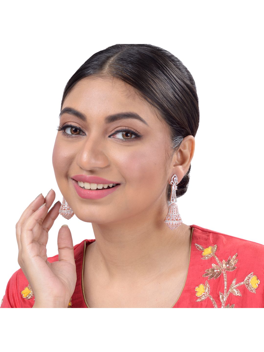 Rose Gold plated White AD studded handcrafted Bell shaped Jhumka for Women & Girls