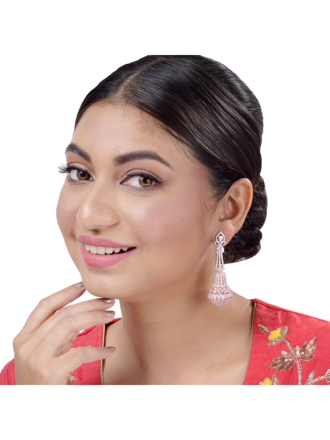 Rose Gold plated White AD studded handcrafted Bell shaped Jhumka for Women & Girls