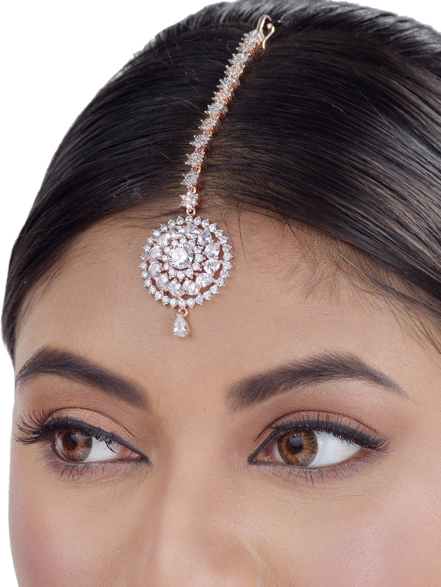 Handcrafted AD Maang tika,Rose Gold plated for Women & Girls