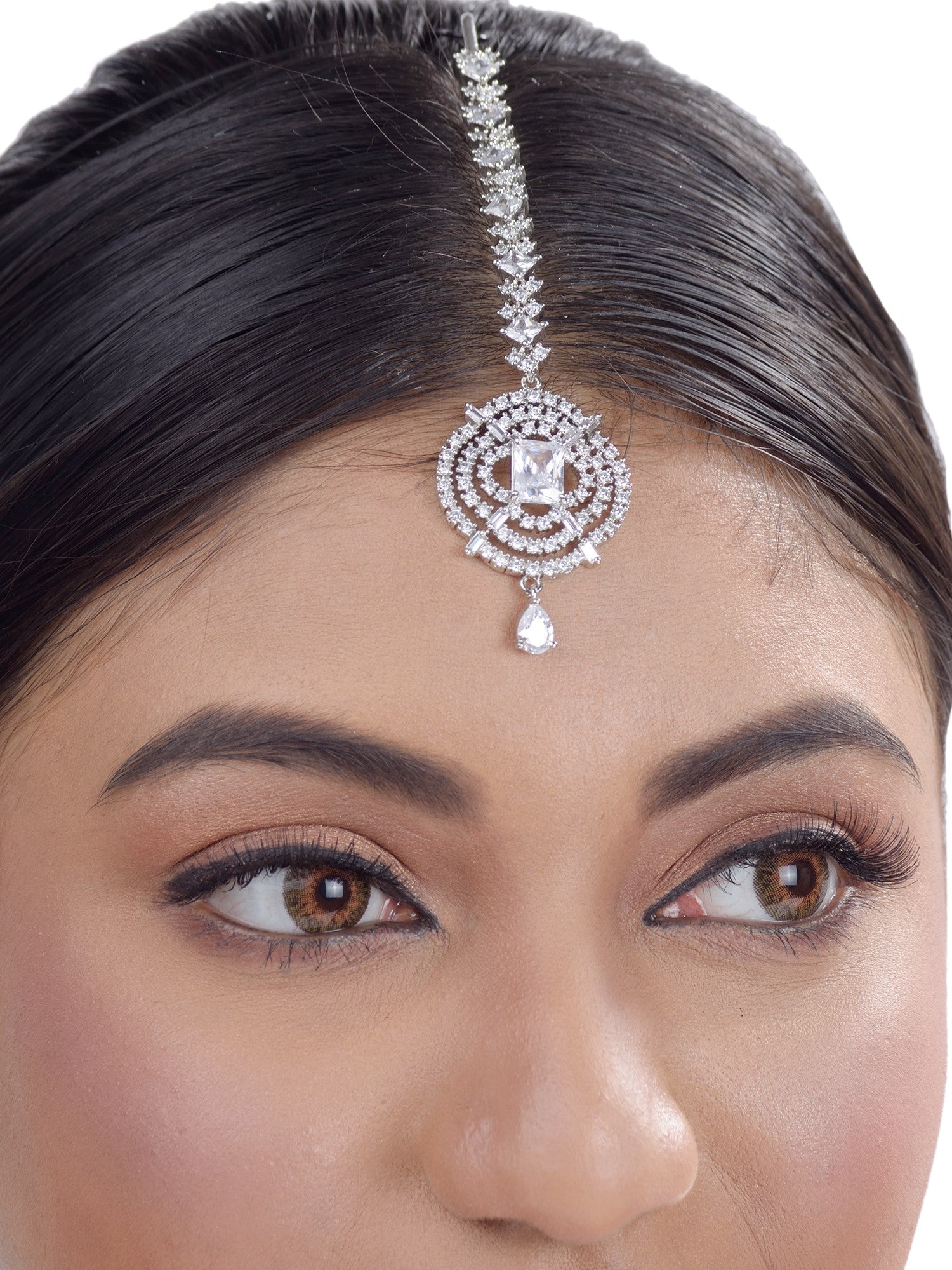 Solitaire Maang Tikka AD studded Silver plated for Women & Girls