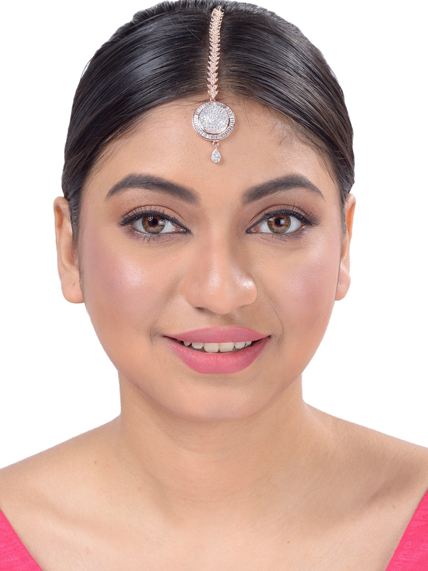 Unique Diamond clustered Maang Tikka round shaped Rose Gold plated AD studded for Women & Girls