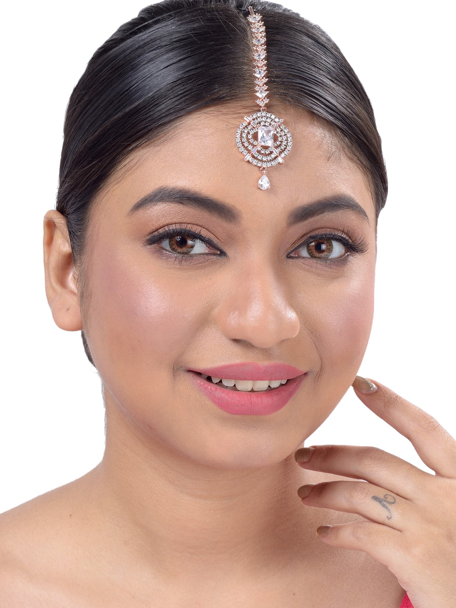 Solitaire Maang Tikka AD studded Rose Gold plated for Women & Girls