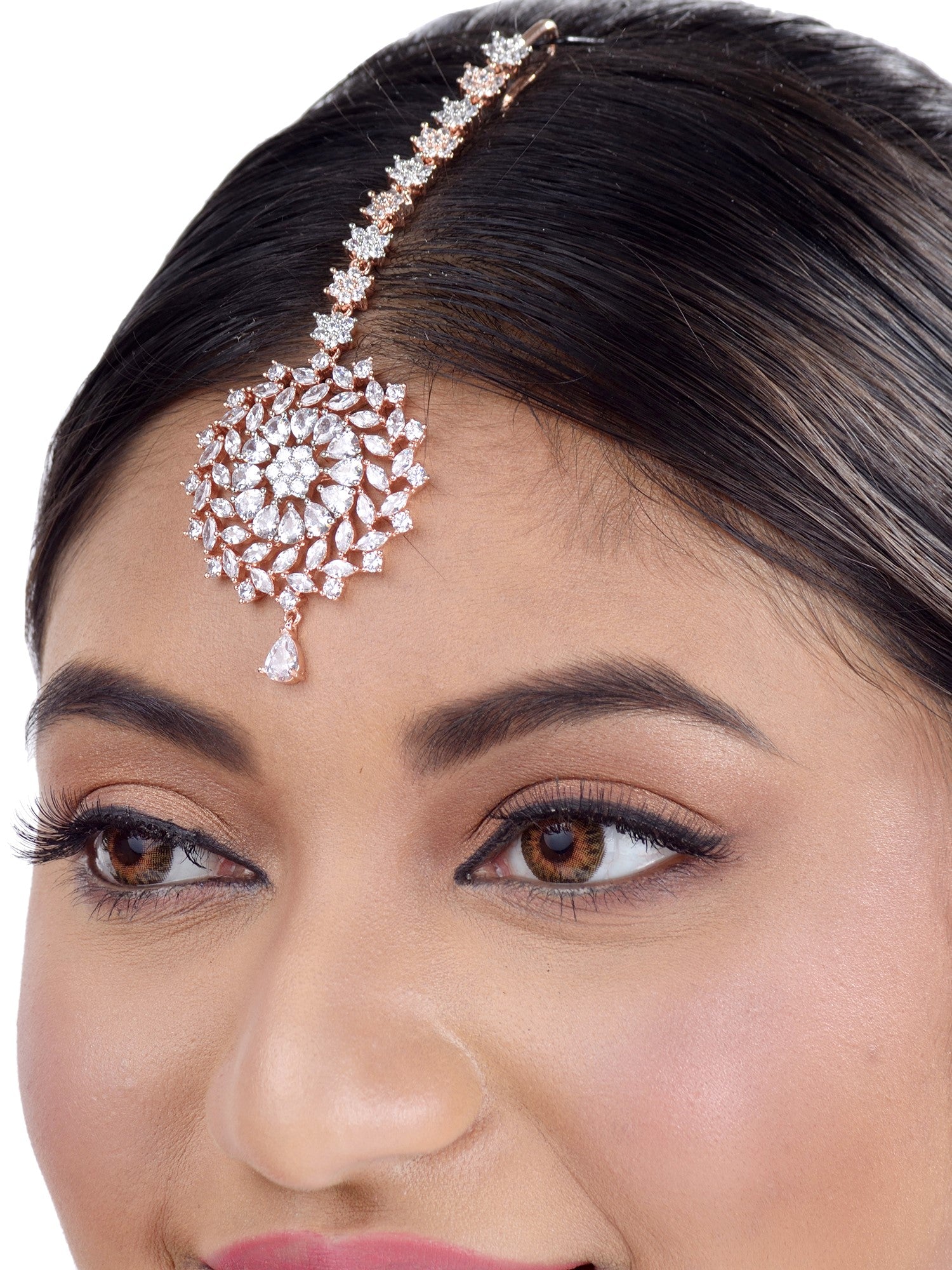 Stunning Floral Diamond Maang Tikka Round & Rose Gold plated for Women & Girls