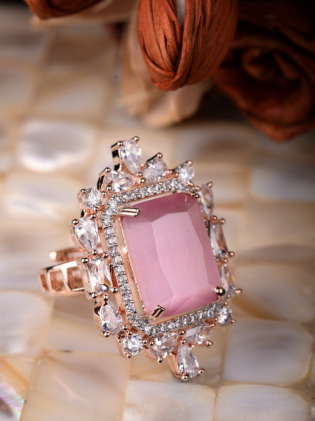 Rose Gold Plated Pink AD Studded Designer Adjustable Finger Ring