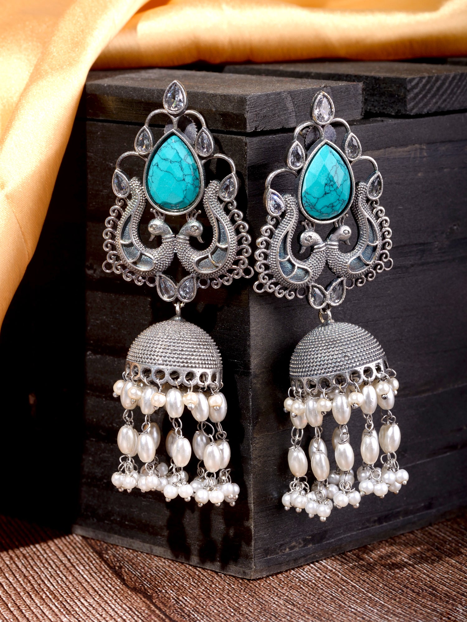 Turquoise Blue studded & beaded Oxidised Jhumka Earrings