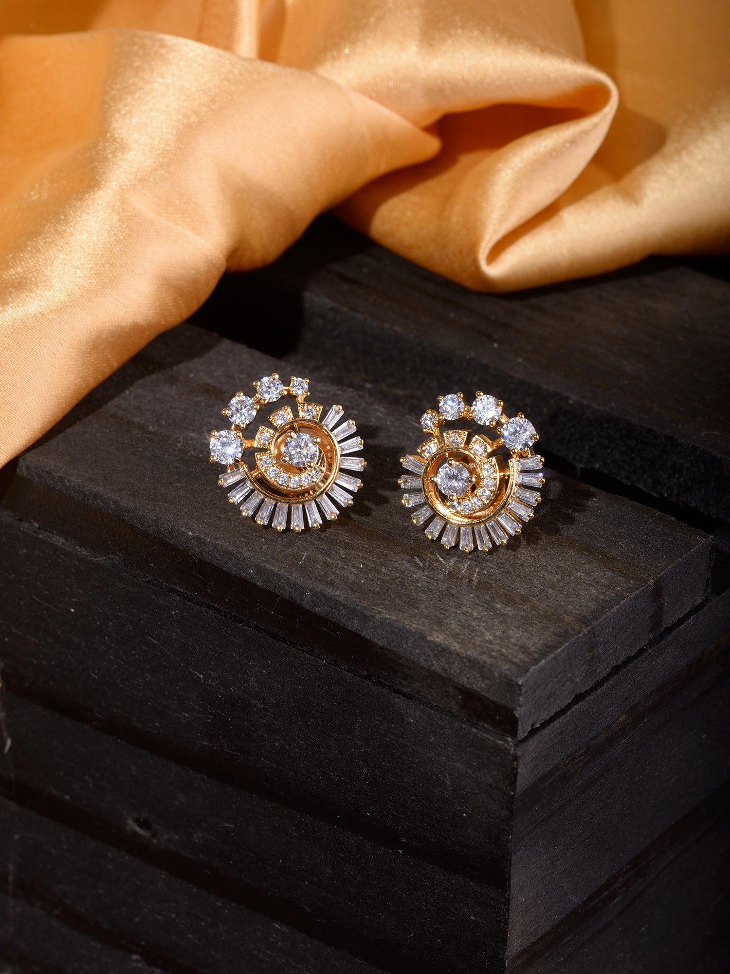 Gold Plated White AD Studded Circular Studs Earrings
