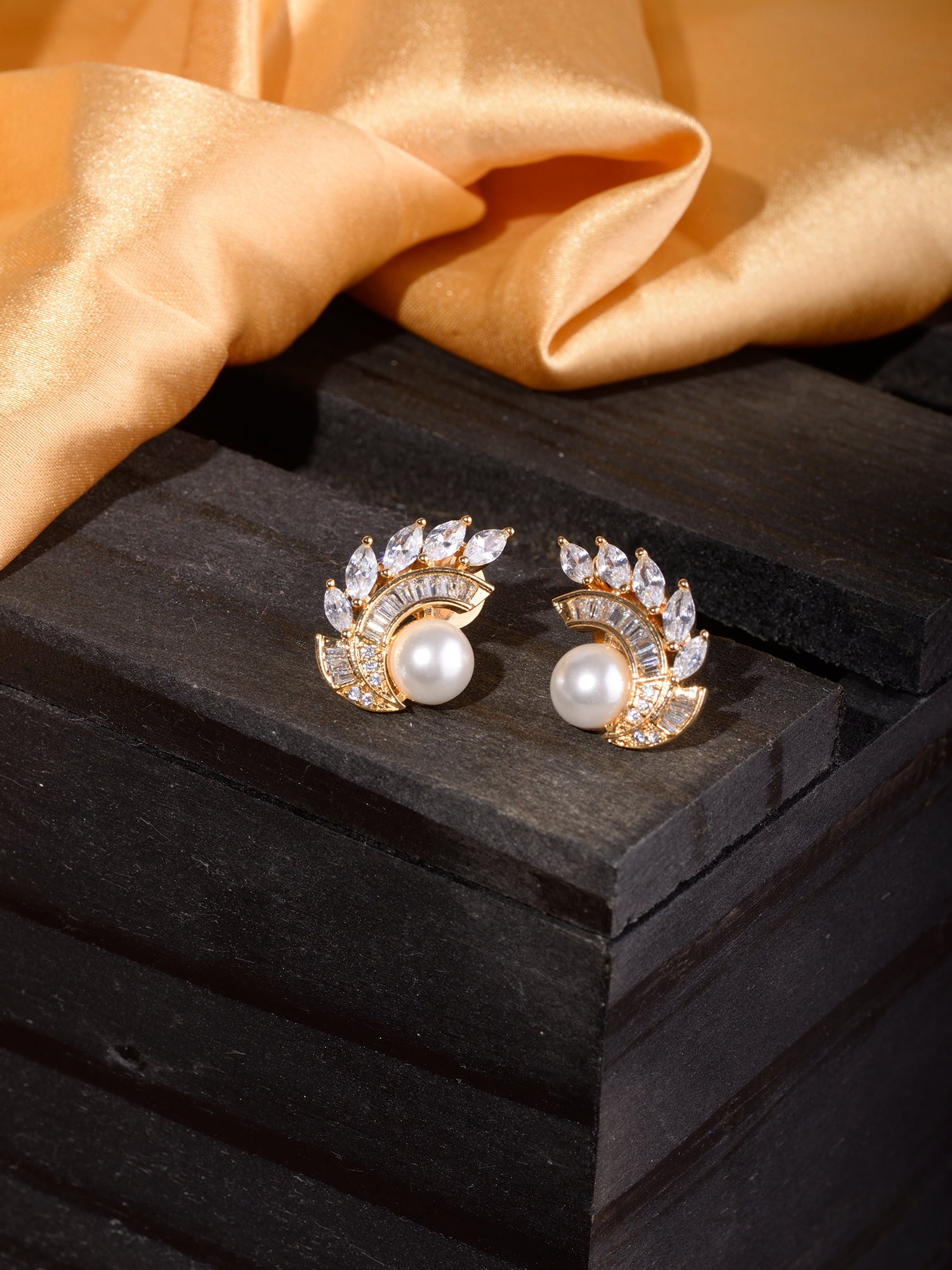 Gold Plated White AD & Pearl Studded Studs Earrings