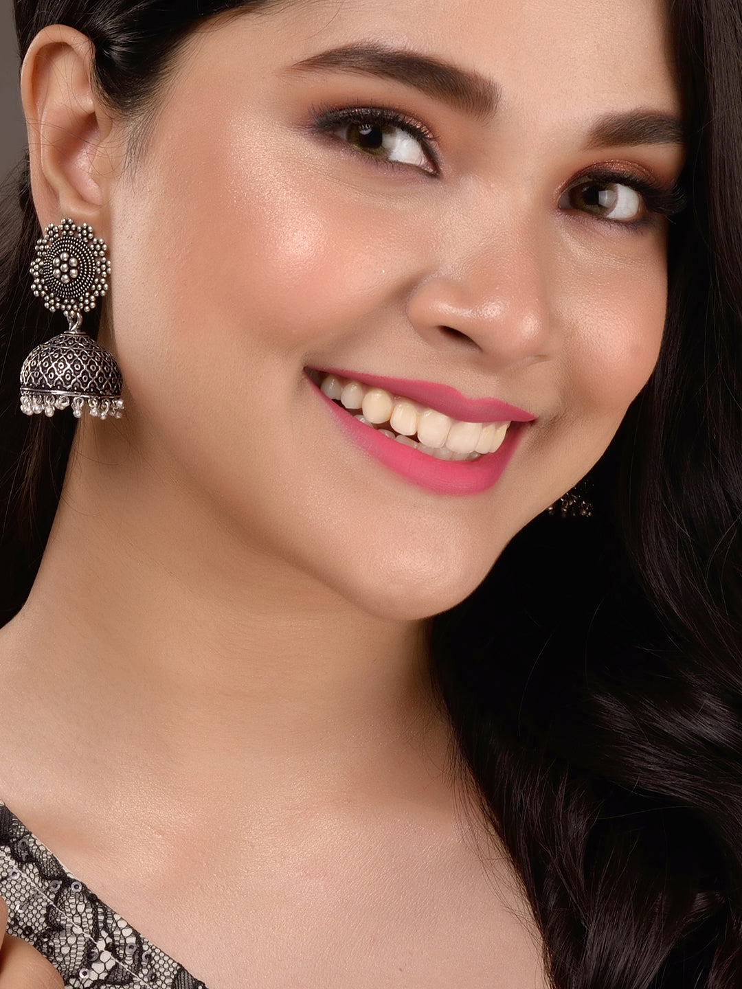 Silver Oxidised Filigree Dome Shaped Jhumka Earrings