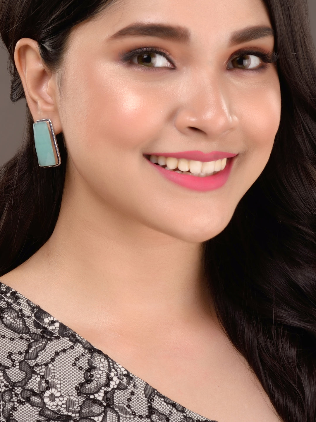 Silver Plated Aqua Turquoise Stone Studs Earrings