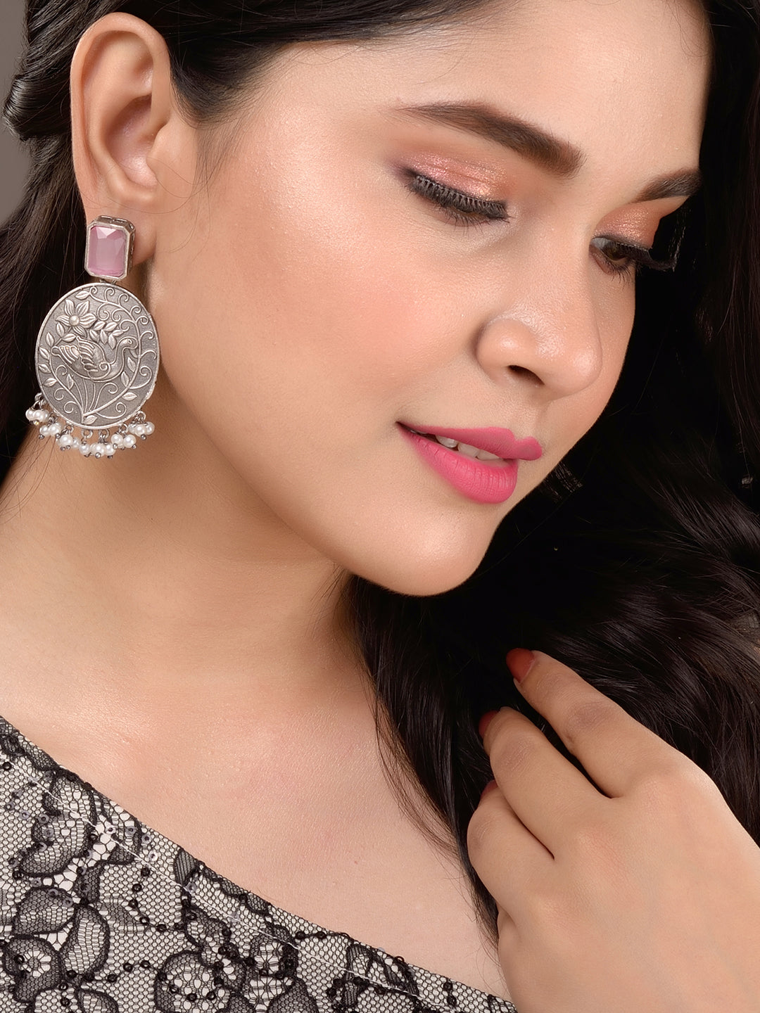 Silver Oxidised Pink Stone Studded Contemporary Earrings