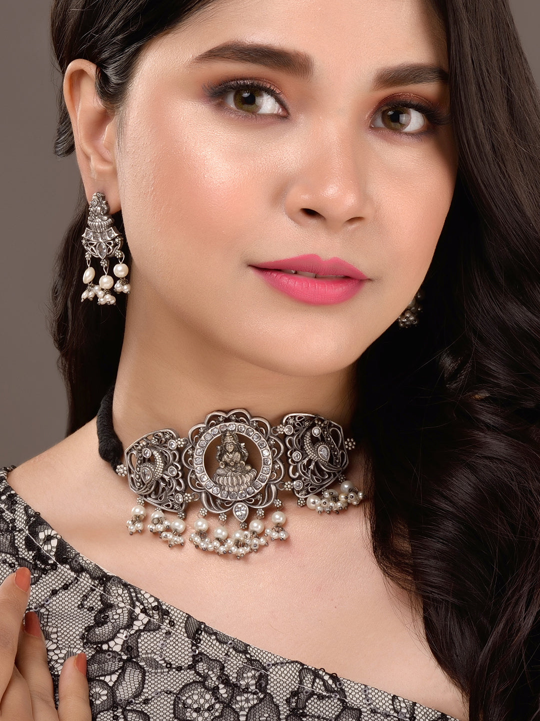 Oxidised Silver Toned lakshmi Motif Antique Temple Jewellery set