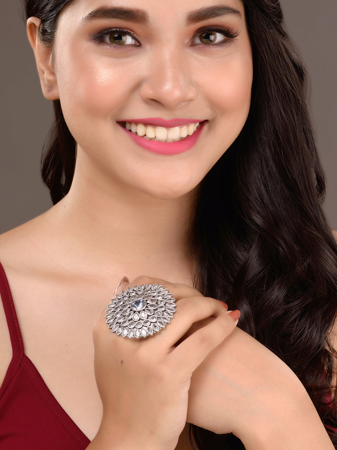 Oxidised Silver Plated White Stone Studded Cocktail Finger Ring