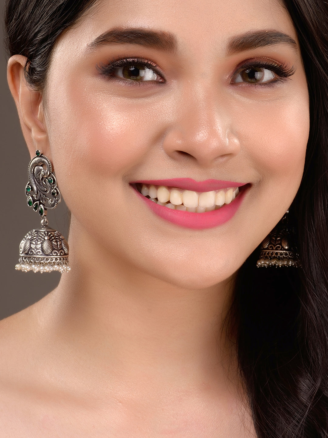 Silver Oxidised Peacock Contemporary Jhumka Earrings