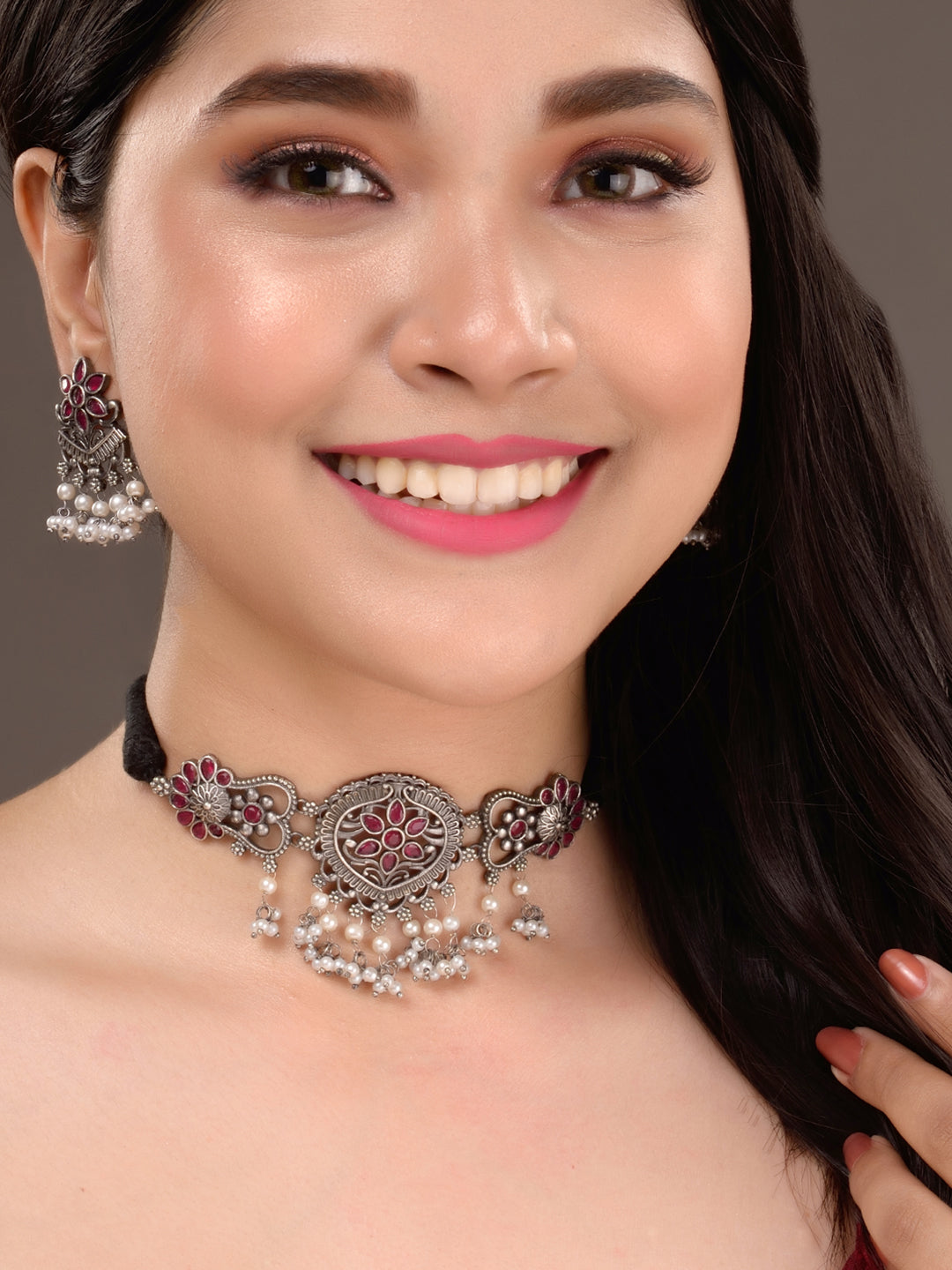 Silver Oxidised Red Stone Studded Tribal Choker Jewellery set