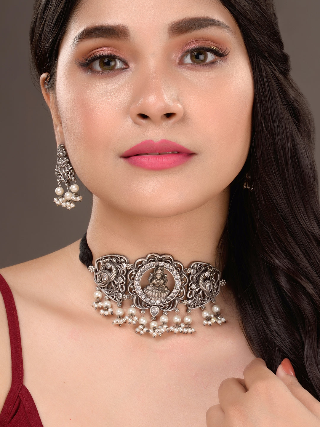 Oxidised Silver Toned lakshmi Motif Antique Temple Jewellery set