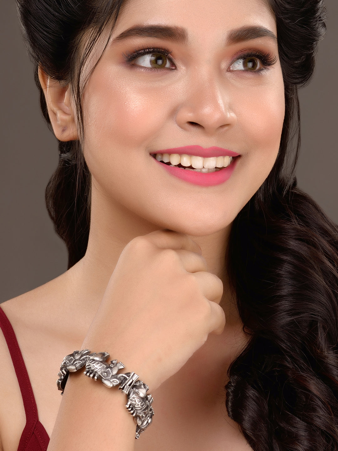 Oxidised Silver Toned Elephant Design Tribal kada Bracelet