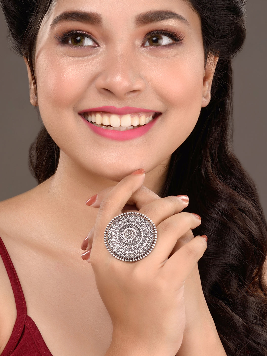 Silver Oxidised Plated Filigree Cocktail Finger Ring