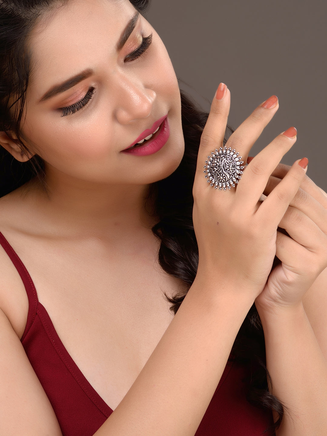 Oxidised Silver Toned Filigree Ring
