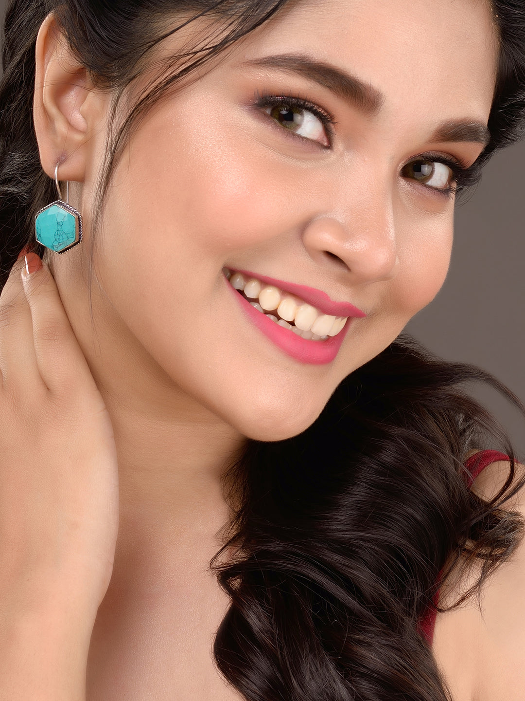 Silver Oxidised Aqua turquoise Stone Studded Earrings