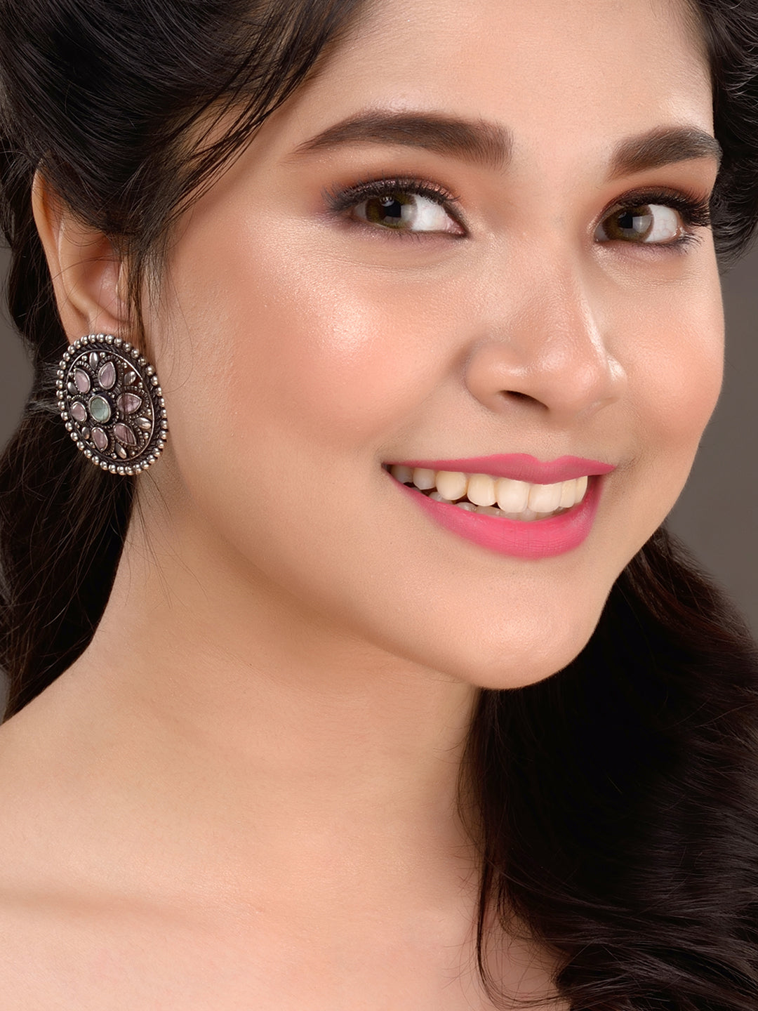 Oxidised Silver Plated Pink Mint Studds Earrings