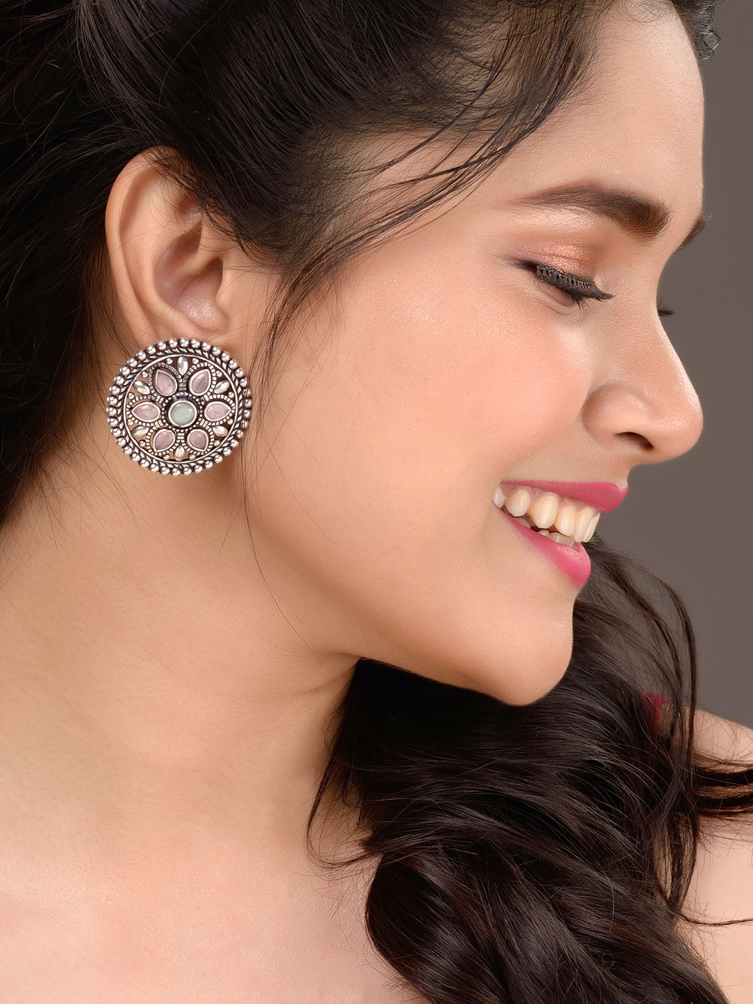 Oxidised Silver Plated Pink Mint Studds Earrings