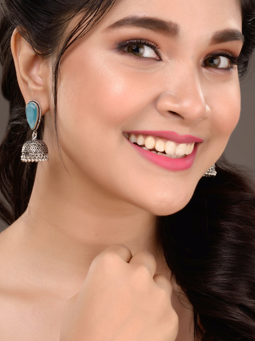 Oxidised Silver Turquoise Stone Studded Filigree Jhumka Earrings