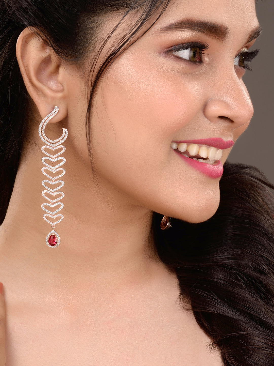Rose Gold Plated Red AD Studded Heart Shaped Long Dangler Earrings